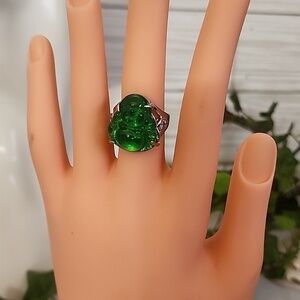 White Gold Green Buddha Ring Size 7 and 8